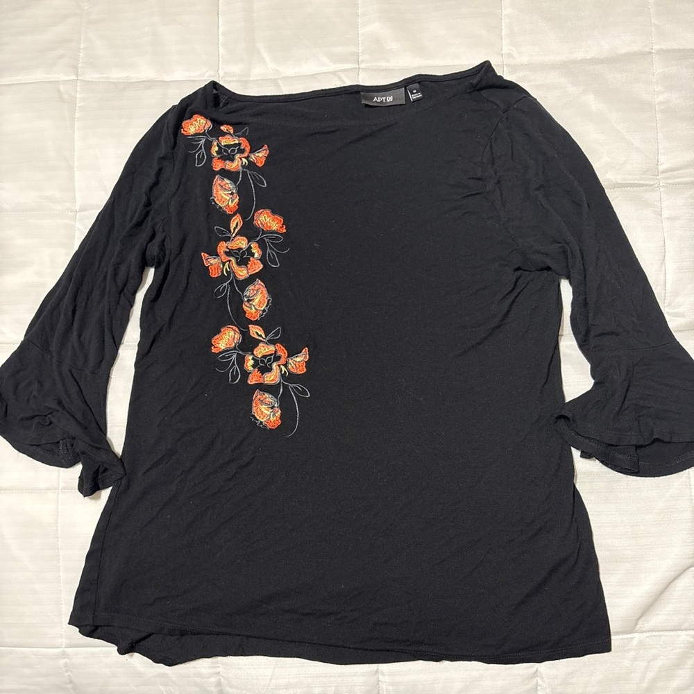 Apt. 9 Black Long-Sleeve Top with Orange Floral Embroidery